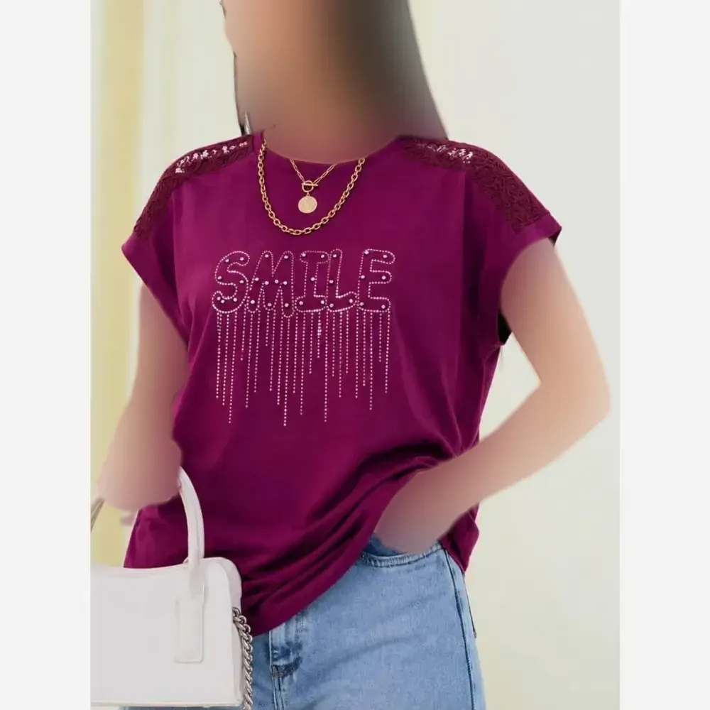 شومیز باکسی نگینی طرح SMILE جنس نخ پنبه اعلا فری سایز