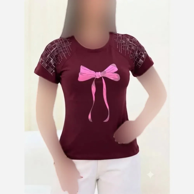 تی شرت باکسی نگینی پاپیون نخ پنبه اعلا فری سایز