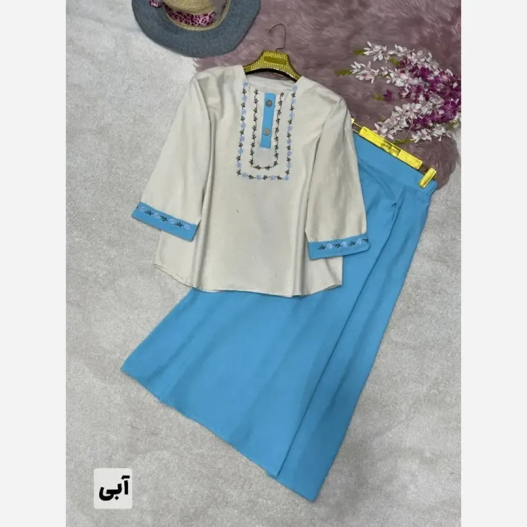 ست شومیز دامن زنانه جنس لنین و شانتون فری سایز