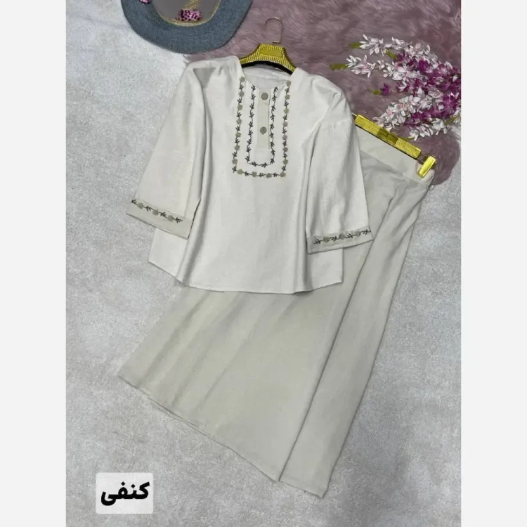 ست شومیز دامن زنانه جنس لنین و شانتون فری سایز
