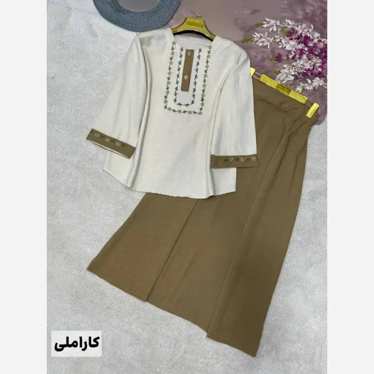 ست شومیز دامن زنانه جنس لنین و شانتون فری سایز