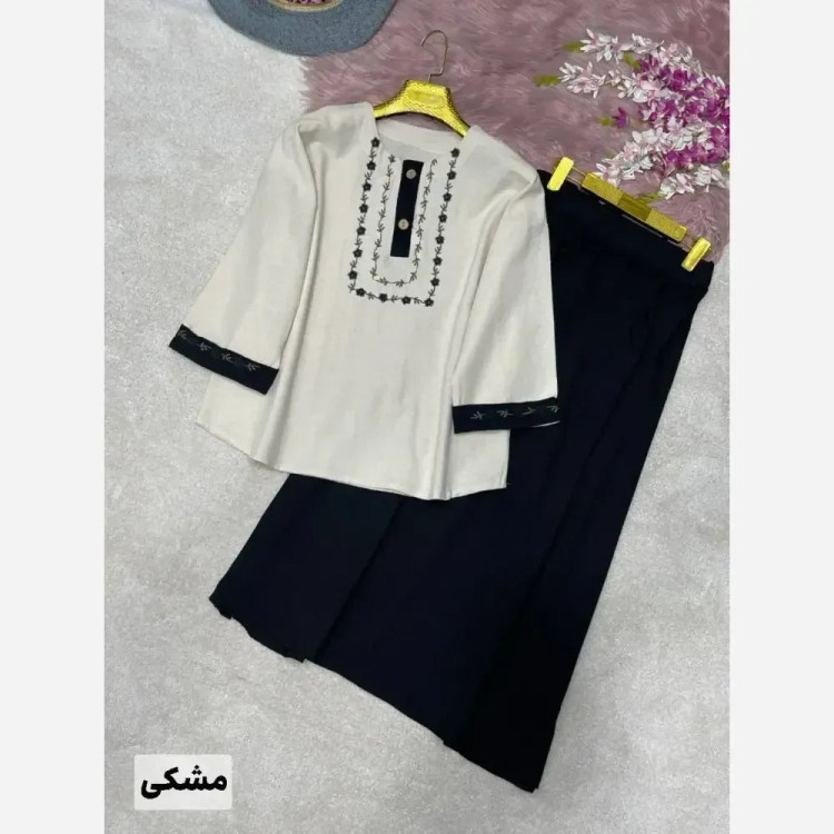 ست شومیز دامن زنانه جنس لنین و شانتون فری سایز
