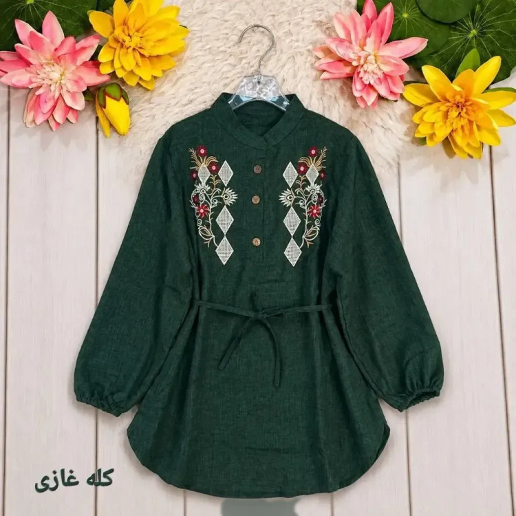 شومیز مانتویی شانتون گلدوزی شده کمربنددار فری سایز