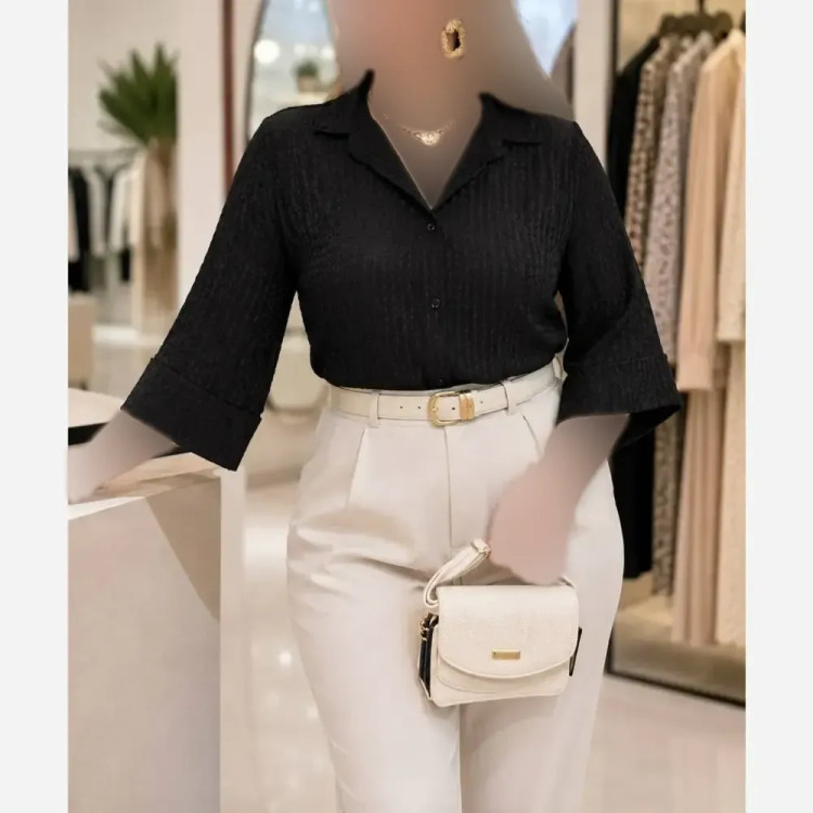 شومیز زنانه حصیری شیشه ای آستین سه ربع پاکتی فری سایز