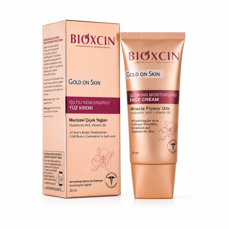 کرم درخشانکننده صورت بیوکسین Gold On Skin حاوی هیالورونیک اسید حجم 50 میل اورجینال | آبرسان، شفافکننده و افزایش درخشند