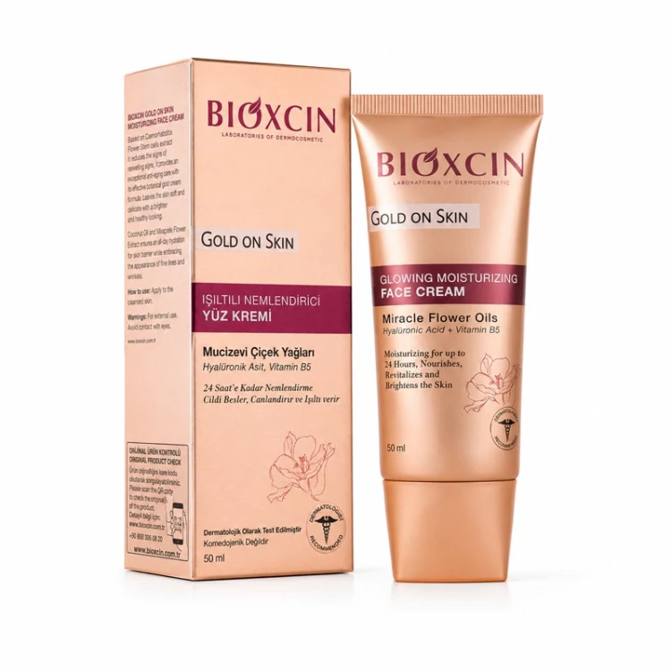 کرم درخشانکننده صورت بیوکسین Gold On Skin حاوی هیالورونیک اسید حجم 50 میل اورجینال | آبرسان، شفافکننده و افزایش درخشند
