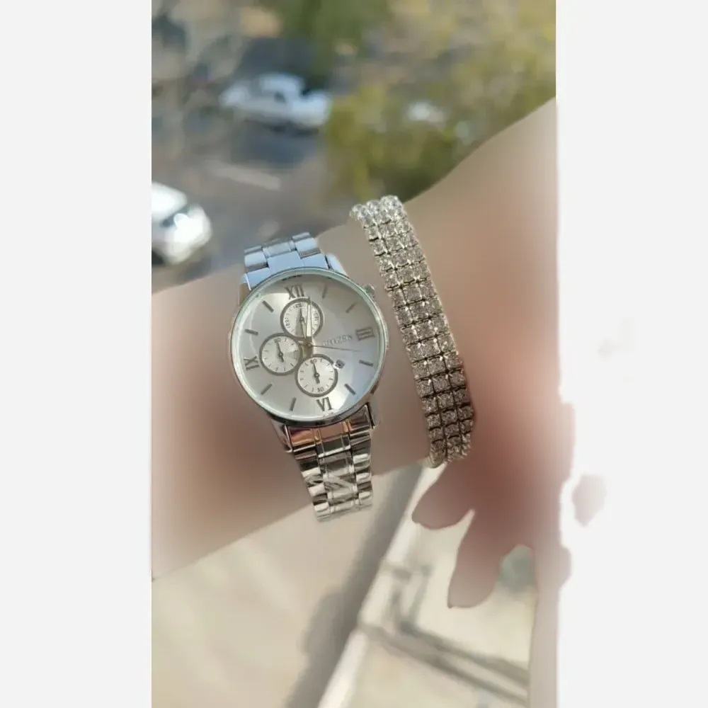 ست ساعت و دستبند زنانه طرح سه موتوره بند استیل با جعبه کادویی