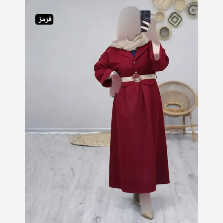 کفتان مخمل کبریتی زنانه فری سایز تا 46 کمربند دار رنگ سرمه ای کرم قرمز