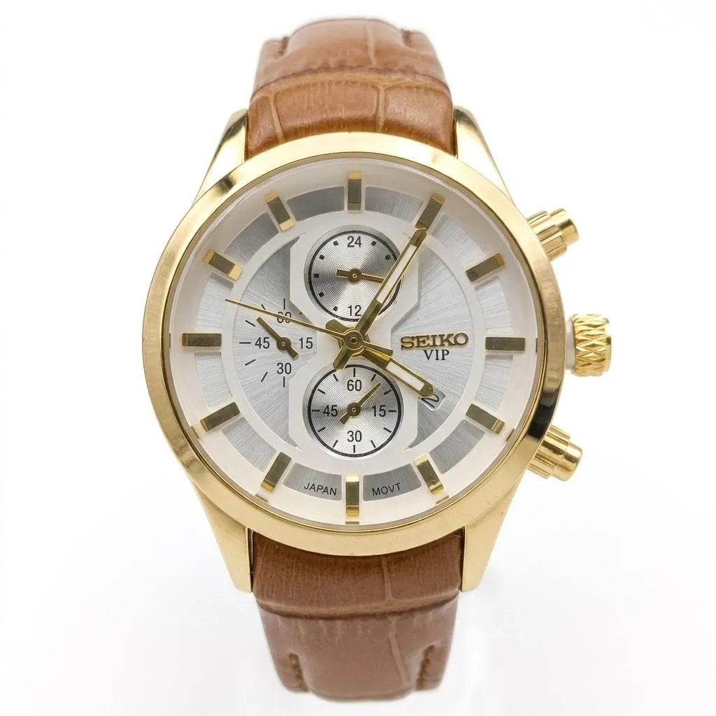 ساعت مچی زنانه سیکو بند چرمی طلایی صفحه سفید موتور ژاپن