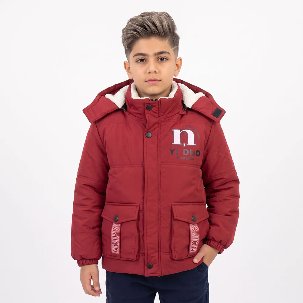 کاپشن پسرانه برزنتی خزدار زرشکی مدل چاپ N